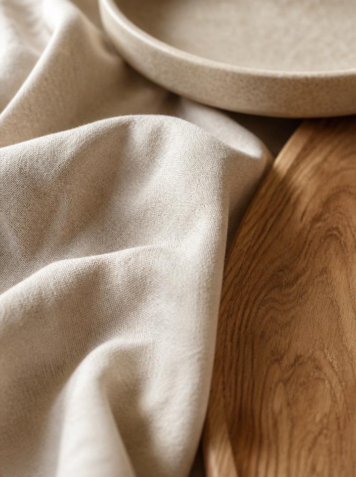 Soft linen and warm wood textures representing a calm therapeutic space